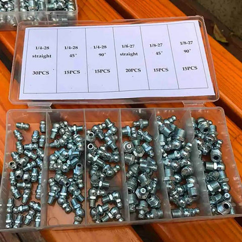 Mikikit 260 Pcs Heavy Duty Grease Nipple Kit For Cars And Machinery. galvanized iron fittings in storage case, straight, 45° and 90°