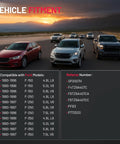 Vehicles on road at sunset with fitment chart for Ford models from 1990 to 1997, including F-150 and F-250 specifications.