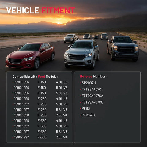 Vehicles on road at sunset with fitment chart for Ford models from 1990 to 1997, including F-150 and F-250 specifications.
