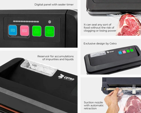 Vacuum Sealer Machine CPVS 290R Heavy Duty for Liquid Bags sealing meat; features digital panel and liquid reservoir