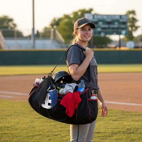 Person carrying a black bag with sports gear and Adjustable Baseball Glove Clip for Hanging Gear and Bags Easy Drying and Storage