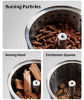 Tabletop Fire Pit With Low Smoke Design For Outdoors And Patio Burns Pellets Or Wood Portable Stove With Triple Burn Technology For Clean Efficient Heat Includes Travel Bag Fireproof Mat And Mini Sticks in action with burning particles, wood, and firestarter squares.
