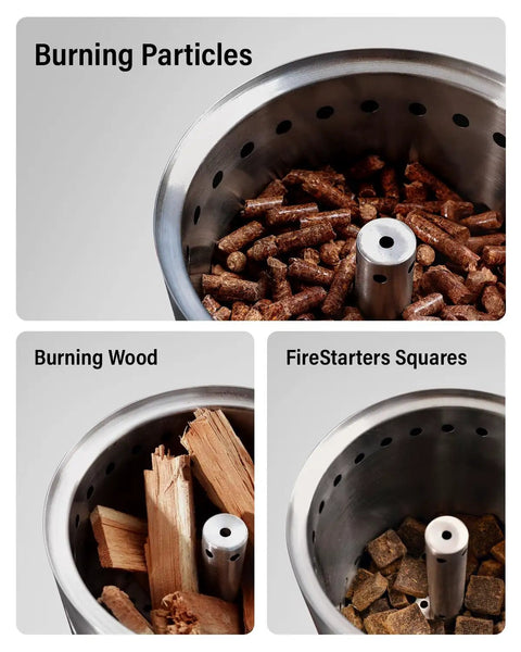 Tabletop Fire Pit With Low Smoke Design For Outdoors And Patio Burns Pellets Or Wood Portable Stove With Triple Burn Technology For Clean Efficient Heat Includes Travel Bag Fireproof Mat And Mini Sticks in action with burning particles, wood, and firestarter squares.