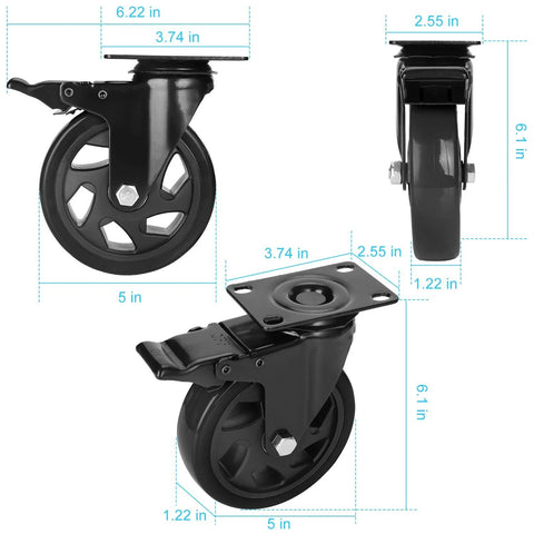 5 Inch Heavy Duty Caster Wheels Set Four Pack With 1800 Lbs Total Capacity And Steel Frame Top Plate Durable Plate Casters