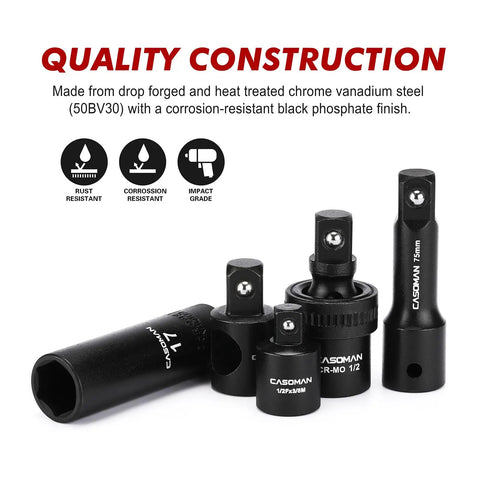 Half Inch Drive Master Impact Socket Set With 38 Piece Deep Sockets SAE features adapters, extension bars, ratchet handle