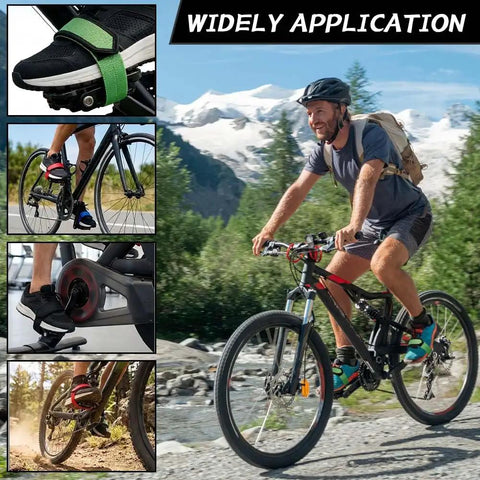 Man cycling with 4 Pack Bike Pedal Straps For Kids, Adjustable Toe Clip Belts For Cycling, Ride Ready Foot Straps, mountain trail.