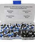 80 Piece DPDT Self Locking 6 Pin Micro Push Button Switch Set in storage box, sizes 5.8x5.8mm to 8.5x8.5mm visible.