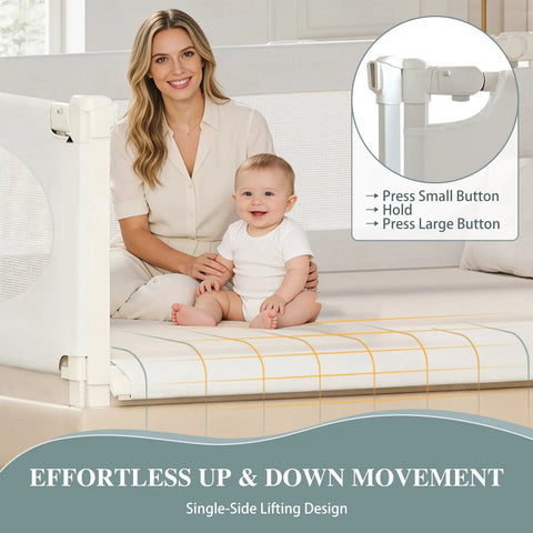 3 Piece Bed Rail Set For Toddlers That Fits King Size Beds With Seamless Fit and Double Lock Safety, mother with baby on bed