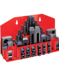 58 Piece Clamping Kit For T Slot Fixtures Three Eighths Inch with nuts, bolts, step blocks, mounted on red holder for CNC machine