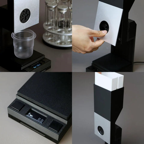 Automatic Coffee Bean Dispenser Countertop Auto Calibration Dual Weight Presets with display and measuring cup on the scale.