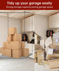 Beefy Ceiling Mounted Garage Storage Pulley Lift System, 300 lb Capacity showing organized boxes versus cluttered boxes