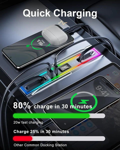 Tesla USB hub 4 port docking station with RGB ambient light for Model 3 Highland 2024-2025 and Model Y Juniper 2026 charging devices.
