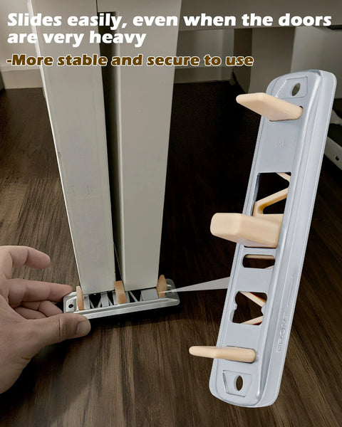 Sliding Closet Door Floor Guide Kit Compatible With Prime-Line N 6560, showing installation with brown nylon tips on wood floor