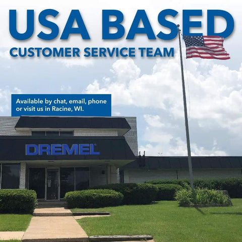 Dremel customer service building with USA flag, inviting communication options in Racine, WI.