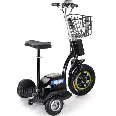 Electric Trike 48V 500W Personal Transporter Three Wheel Sit Or Stand Scooter For Events Security And Warehouse Use Built For Dope Fun With Easy Handling Smooth Acceleration And Stable Ride, side view with basket and seat