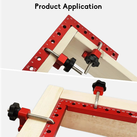 Beefy 90 Degree Positioning Squares Right Angle Clamps in use with wood, showing clamping on two sides.