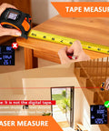 3-in-1 Laser Tape Measure With 197 Ft Laser Range And 16 Ft Manual Tape, Digital Level, Handy Distance Meter For Home Improvement, DIY Projects, Quick Accurate Readouts, used on wood table and stairs