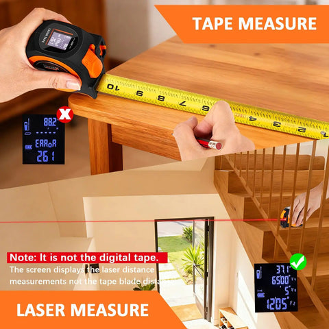 3-in-1 Laser Tape Measure With 197 Ft Laser Range And 16 Ft Manual Tape, Digital Level, Handy Distance Meter For Home Improvement, DIY Projects, Quick Accurate Readouts, used on wood table and stairs