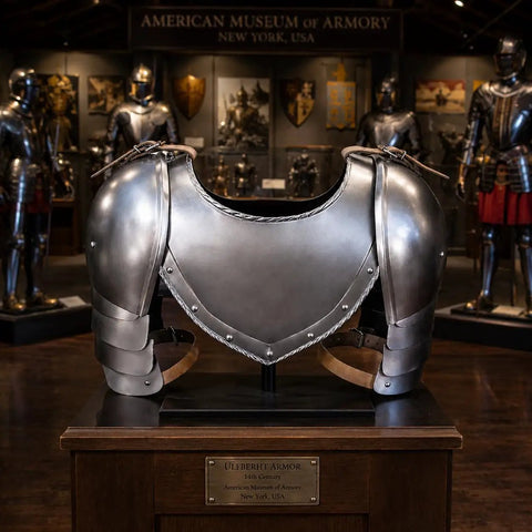 Medieval Iron Gorget and Spaulders Shoulder Armor Set for Reenactors on display, natural steel finish, museum setting.