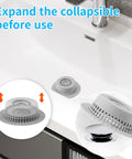 No Fuss Hair Drain Catcher For Tub And Shower Upgraded Silicone And Stainless Shield in sink with expansion detail
