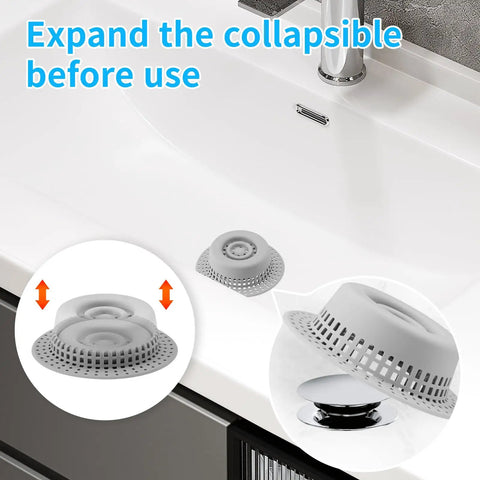 No Fuss Hair Drain Catcher For Tub And Shower Upgraded Silicone And Stainless Shield in sink with expansion detail