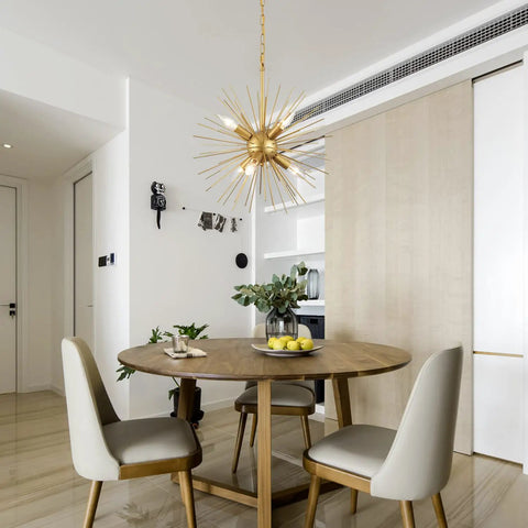 Dining room with Gold Sputnik Chandelier With Six Lights, Vintage Geometric Pendant Fixture, modern and elegant decor