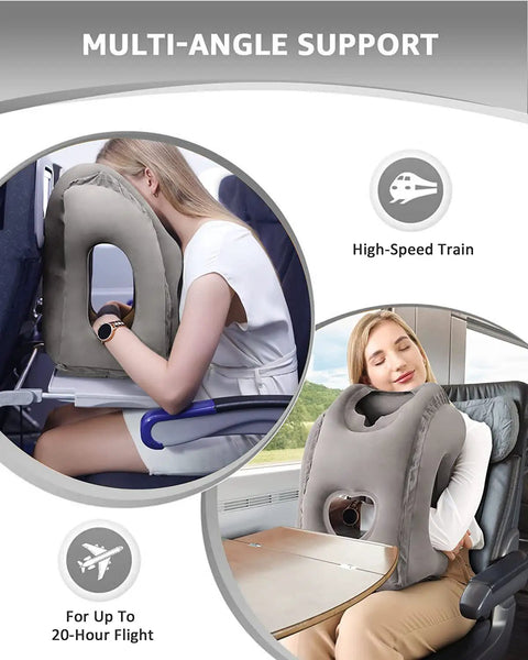 Inflatable Travel Pillow With Chin Support And Eye Mask Earplugs All In One Ergonomic Neck Pillow For Airplanes Or Office Naps in use