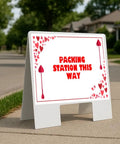 Dope A Frame Directional Sign Featuring Bold Heart Borders And Bright Up Arrows Kickass Heavy Coroplast Material Designed For Smooth Crowd Flow 23X23 Inches placed outside on the sidewalk.