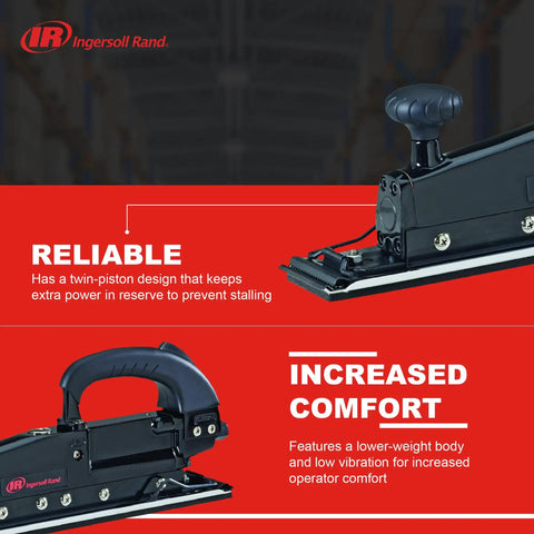 Heavy Duty Straight Line Air Sander 3000 RPM Twin Piston Power with ergonomic handle for auto body prep on flat surfaces.