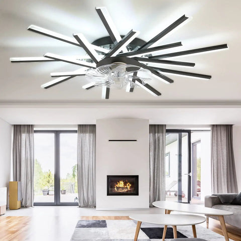Cool Low Profile Ceiling Fan With Dimmable Light, Black Flush Mount, in modern living room interior, minimalist design.