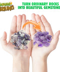 Starter Rock Tumbler Kit For Kids With Fast Polish Includes Rough Gemstones Polishing Grit Jewelry Findings And Kid Friendly Easy Instructions A STEM Science Kit For Young Geologists Ages 8 Plus, rough and polished stones in hands.