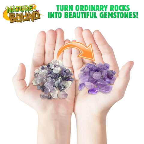Starter Rock Tumbler Kit For Kids With Fast Polish Includes Rough Gemstones Polishing Grit Jewelry Findings And Kid Friendly Easy Instructions A STEM Science Kit For Young Geologists Ages 8 Plus, rough and polished stones in hands.