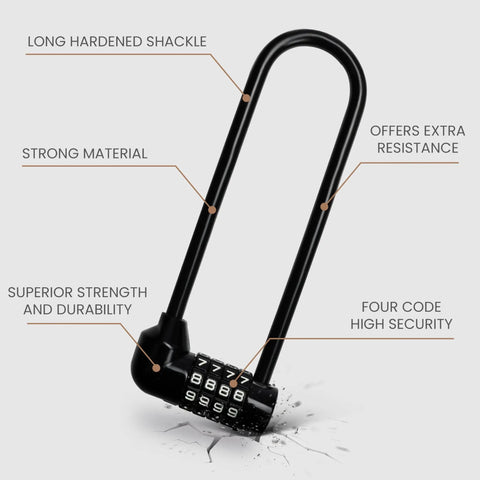 Long Shackle Padlock With Resettable Combination For Outdoor Gates And Fences, showing strong material and durability