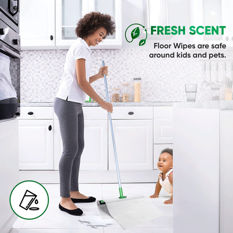 Person using Huge Wet Floor Wipes For Squeegee Stick Extra Thick Multi Surface Cleaning Wipes With Fresh Aroma in kitchen