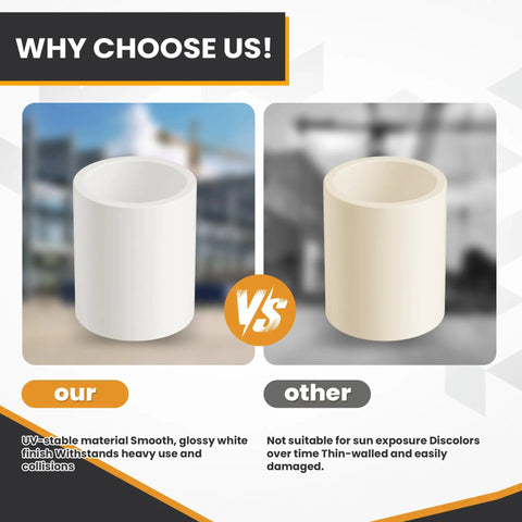 Comparison of Heavy Duty 3/4 Inch PVC Pipe Couplings showing smooth white finish vs. discolored pipe.