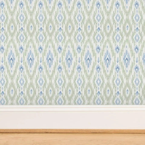 Straight Up Heavy Duty Ikat Stripes Wallpaper With Faux Pvc Free Matte Linen Texture on wall, featuring blue and green patterns.