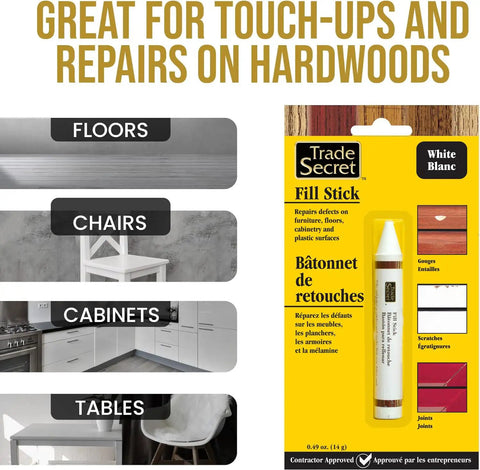 White Wood Scratch Repair Fill Stick for quick touch ups on furniture cabinets hardwood floors wood trim and plastic surfaces.