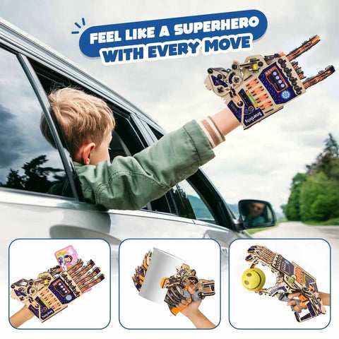 Child using DIY Robotic Mechanical Hand Kit For Kids Aged 8 To 14 Hands On STEM Toy outside car window with gripping hand action.