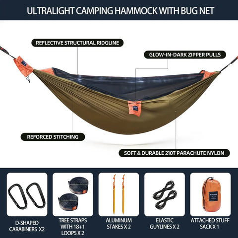 Ultralight Camping Hammock With Integrated Mosquito Net And Tree Straps Quick Setup Backpacking Hammock with accessories displayed