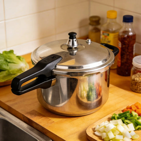 Stainless steel pressure cooker with black side handles and vented lid on kitchen counter