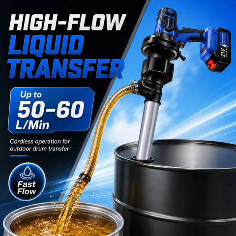 Cordless Electric Oil Drum Pump With 92Cm Stainless Steel Tube For Diesel And Kerosene Transfer. Includes 4M Hose, Two Batteries, And Delivers Up To 60 L/Min Flow Rate For Easy Fuel Moving Jobs Around The Garage