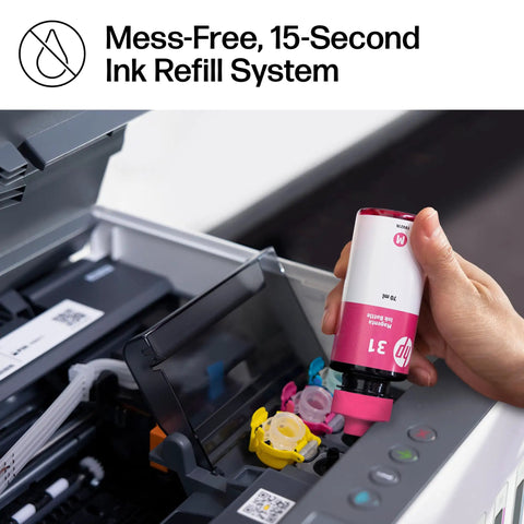 Close-up of a person refilling an ink tank in a Refillable Ink Tank All-In-One Printer With Wireless, Scanner And Copier, Cartridge-Free Ink System, AI Enabled, No-Hassle Setup, 2 Years Of Ink Included, Built For Home Use And High-Volume Printing.