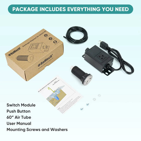 Sink Top Air Push Button Switch Kit For Garbage Disposals Up To 2HP with components including pneumatic button and power module