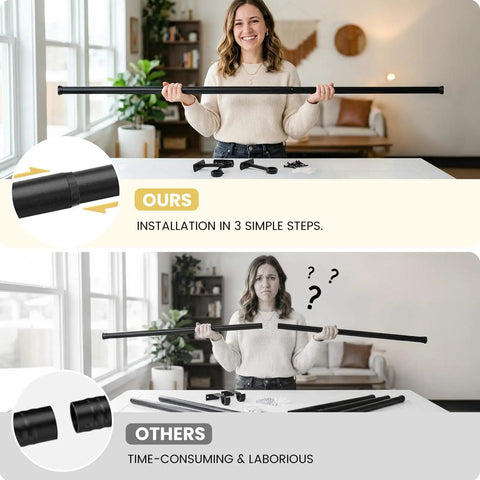 Woman demonstrating Built Tough Adjustable Curtain Rod Set 72 To 144 Inches 1 Inch Diameter With Brackets installation.