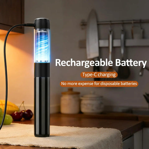 Rechargeable Milk Frother Handheld Electric Coffee Mixer Wand on charging stand in kitchen