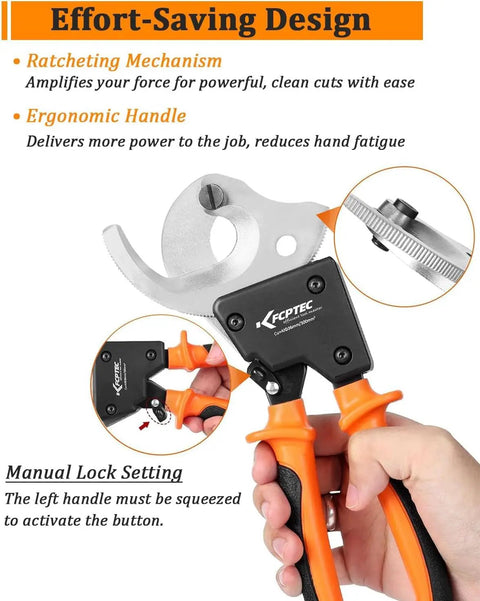 Heavy Duty Ratcheting Cable Cutter Cuts Copper And Aluminum Wire Up To 600 Mcm Pro Electrician Tool Effort-saving design with ergonomic handle.