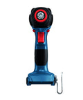 Front view of Two In One Cordless Impact Driver And Wrench 18V Connected Ready with blue and red design featuring bit holder.