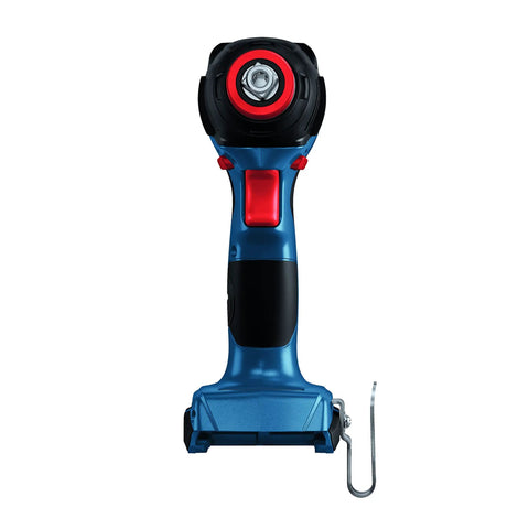 Front view of Two In One Cordless Impact Driver And Wrench 18V Connected Ready with blue and red design featuring bit holder.