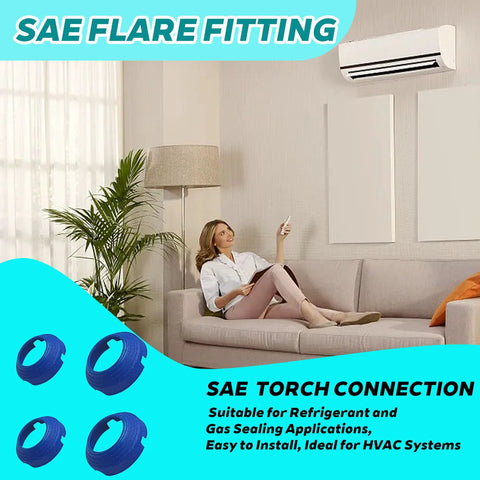 Leak-free SAE flare fittings kit for HVAC; includes 2x 1/4 in and 2x 3/8 in blue fittings.