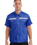 Men's Rugged As Nails Short Sleeve Work Jacket With Reflective Safety Stripes Heavy Duty Industrial Mechanic Uniform Zip Front Turn Down Collar Day Shift Shop Gear Blue 4XL, front view on model.